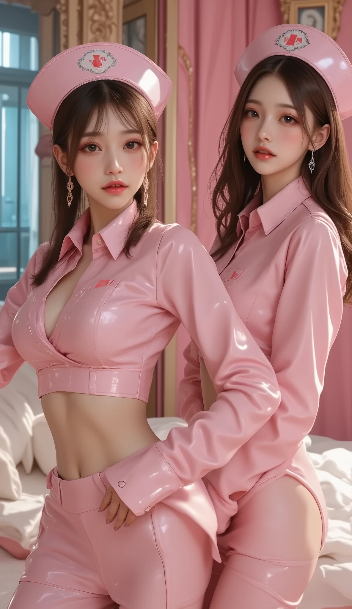 ((nsfw)),((wide hips:1.2)),((curvy crotch:1.2 ))((plump, thighs(:1.2~1.7) ))),(high detailed skin)
(32k, RAW photo, best quality, masterpiece:1.8), (realistic, photo-realistic:1.9), (extremely detailed 32k wallpaper),  full body, 23yo woman, (detailed face: 1.2),best quality, masterpiece,china idol,((ultra high detail pink enamel outfit)),(hyperdetailed pantyhose(:1.2~1.7) ),((thong leotard(:1.2~1.7) )),((latex  midriff jacket))), ((hyperdetailed costume)),,((latex  midriff pink jacket)))(((hyperdetailed blue grossy satin prairie blouse)) ((hyperdetailed shiny pink latex midriff down jacket )), ((hyperdetailed latex low-waist micro syorts)),((backless(:1.2~1.7) )) (32k, ultrarealistic photo :2.0), (best quality, masterpiece:1.5),(intricate thigh high),,(( midriff pink line midriff puffer down jacket))) ((High Detail shiny pink-white latex midriff tight down jacket )), ((hyperdetailed grossy clothing:1.8 ))