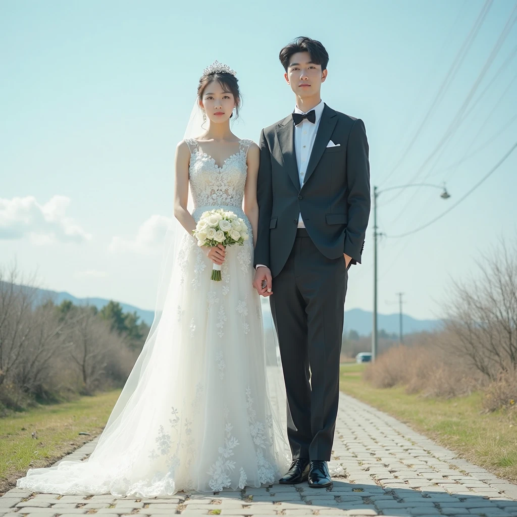 A man in a suit and a woman in a lace dress walking side by side