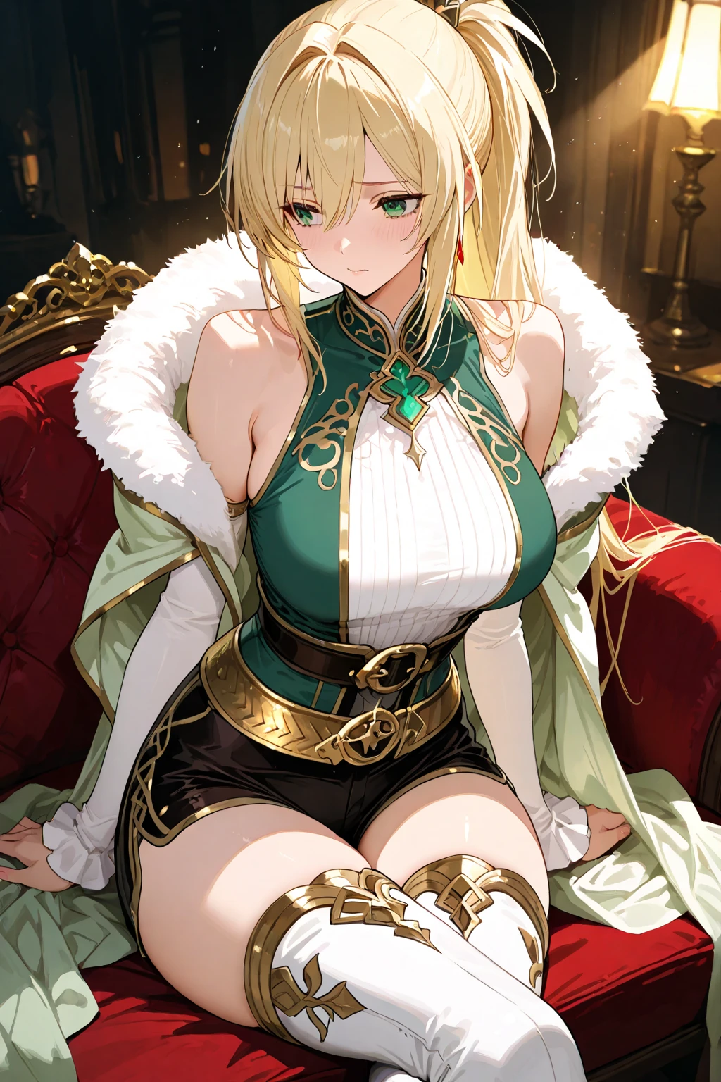 ((1 girl:1.5, playing around in snowy field in forest:1.37, sitting with rising up knees:1.6, with spreading legs:1.5)), Nordic, ((matured girl wearing Sexy white outfits:1.3, cable knit sweater:1.3, close to viewers:1.37, seducing sexually:1.25)), a matured woman with long hair and a white outfit, white winter coat with bore, knit scarf, green ribbon, knee length long boots, white and green winter outfits, wearing dark green pleated skirt:1.3, full bodyesbian, fine details, beautiful anime illustration, 26 years old, BREAK, ((milf:1.5, solo:1.5)), (sfw:1.25), (sagging breast, fuge breasts, big tits, thin waist, big ass:1.2), Raised sexy, (dark mahogany medium short hair, updo, hair over one eye, asymmetric hair, Carly hair, low tied braid, musulman, white Headscarfs, hair bands, head vandage, Turban), (ultra high resolution, 8K RAW photo, photo realistics, thin outline:1.3, clear focus, high qualtiy, natural lighting, textile shading, blurry back ground, depth of field, bokeh, (bright pupils:1.2, fine detailed beautiful eyes with highlight:1.3, super detailed eyes, high detailed face), Red lip, fine realistic skins:1.1, looking at viewers:1.3, (dynamic angle:1.3, crotch focus:1.3, from below:1.4), (multi posing:1.3, sexy pose:1.3, sitting with opening legs shaped M:1.5), (seductive, happy smile with opening mouth:1.4), centered image:0.2, (wearing white long coat with bore and clothes:1.1, bare breast:1.2), gold ornaments, rolling red clothes around waist, dark brown long leather boots:1.3, translucent lace pantyhose), (((correct anatomy:1.5, perfect hands:1.5, ideal ratio body proportions:1.37))), (in a night:1.3), outdoors:1.6, under starry sky:1.2,