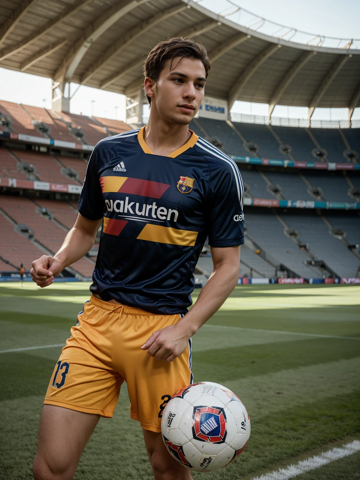 25 year old man, yellow short sleeve sweater, white shorts, muscles, tattoos, short hair, spiky hair, soccer field background with yellow blue and red colors, pretty face, White skin, very short beard