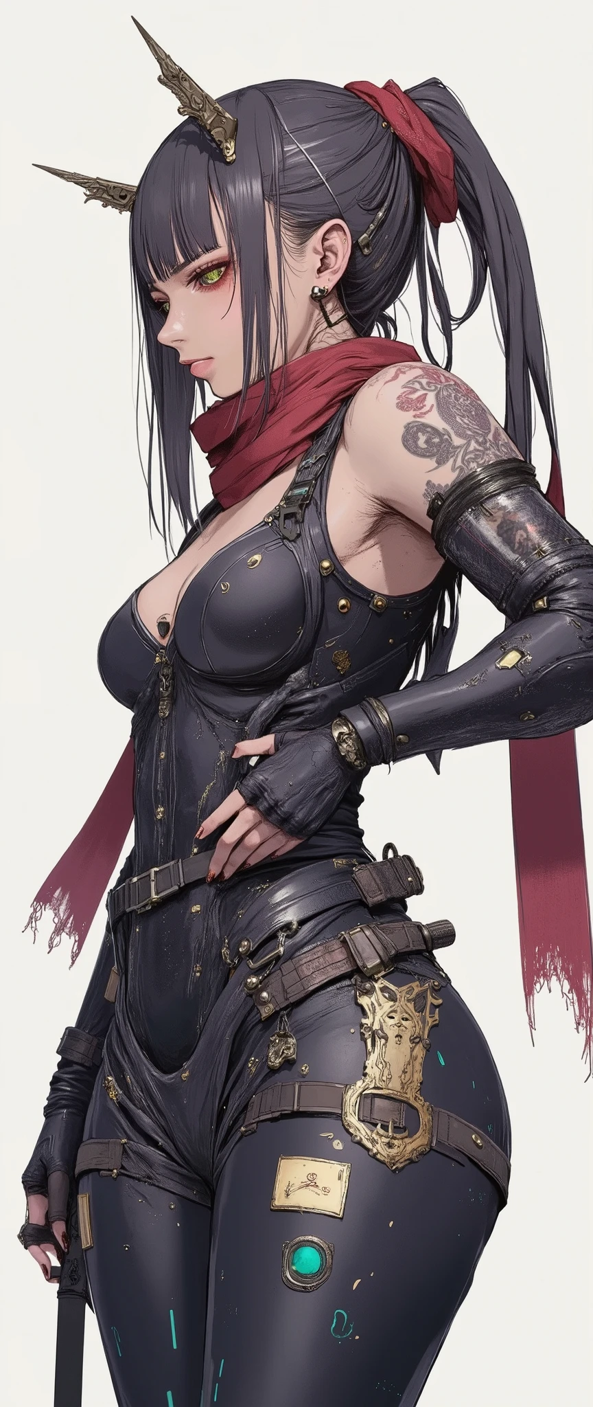 Masterpiece, most recent, very aesthetic. A beautiful adult woman in her 30s, with a curvaceous body, long legs in the style of Bayonetta, oriental mestizo, white skin, intense golden eyes, long black hair, two long side locks framing her face. She wears a dark cyberpunk samurai outfit made of layered leather and carbon fiber armor, with a [[black and dark red]] color scheme.

She wears a traditional conical straw kasa hat in the samurai X style; Her chest armor resembles the armor of an ancient samurai, but with neon blue light lines on the edges. A tattered red scarf flutters in the wind behind her. At her side, a high-tech katana with a shiny blade, in a holster with magnetic locks. She wears belts with small throwing blades and futuristic accessories on her hips and legs.

Combat boots with reinforced toe caps and armored shin guards.

rendered 90s anime style, anime similar to the anime "Vampire Hunter D Bloodlust" 90s anime, 3 color tones, flat cel-shading, anatomically correct, high contrast, front view [[[SHE IS FRONT]]], [[FULL BODY]], [[Image showing her full body from head to toe]], masterpiece illustration, high resolution, front and side view in the same image, [[white background]], character concept presentation.