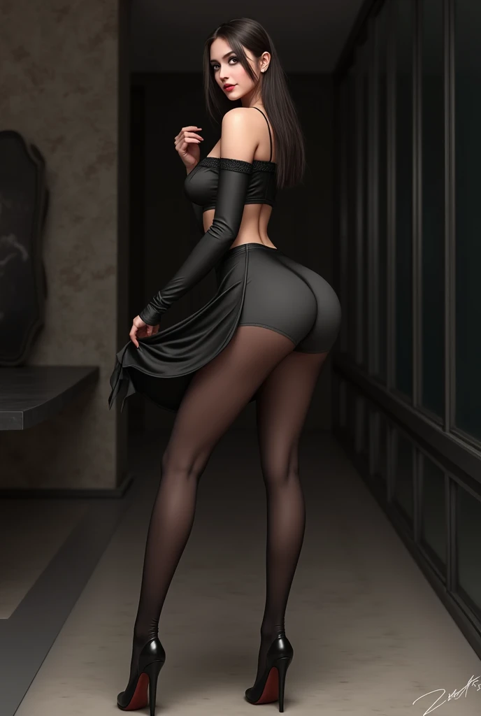 Young woman Tifa, long black hair, wearing a blue split dress, standing with her back facing forward, right thigh raised a little, left hand crossed waist, right hand on chin, long legs, thin legs, face smile, thin waist, masterpiece, best quality, 8k wallpaper, very detailed, very detailed facial features,