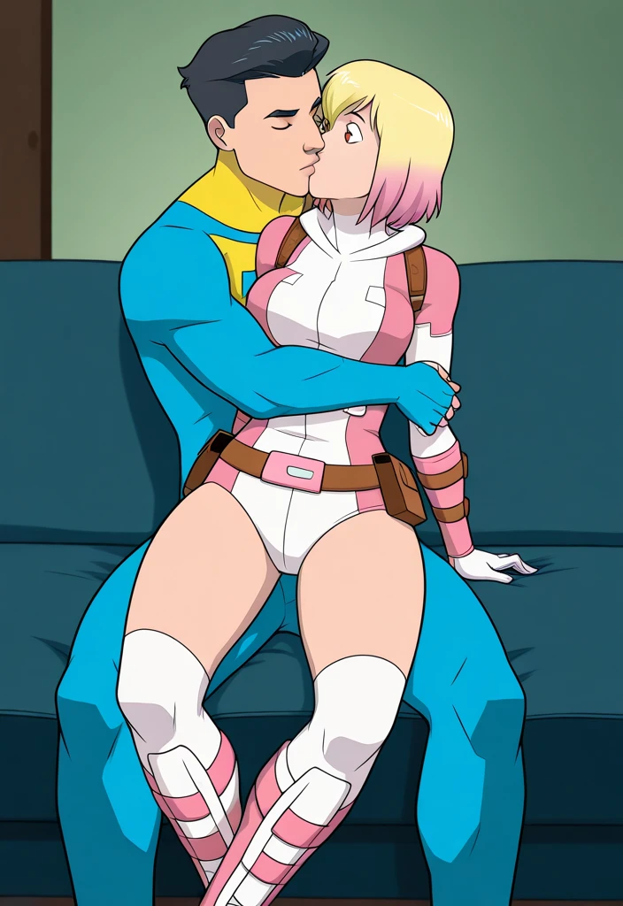 score_9, score_8_up, score_8_up, source_cartoon, detailed soft lighting, interracial, 1girl, (short hair Gwen Stacy, female, Spidergwen suit:1.0), cleavage, sexy thicc thighs, 1boy, (Miles Morales, Black male:1.1), fellatio, New York rooftop, sunset, beautiful eyes, open eyes, (masterpiece, best quality, highly detailed, beautiful).