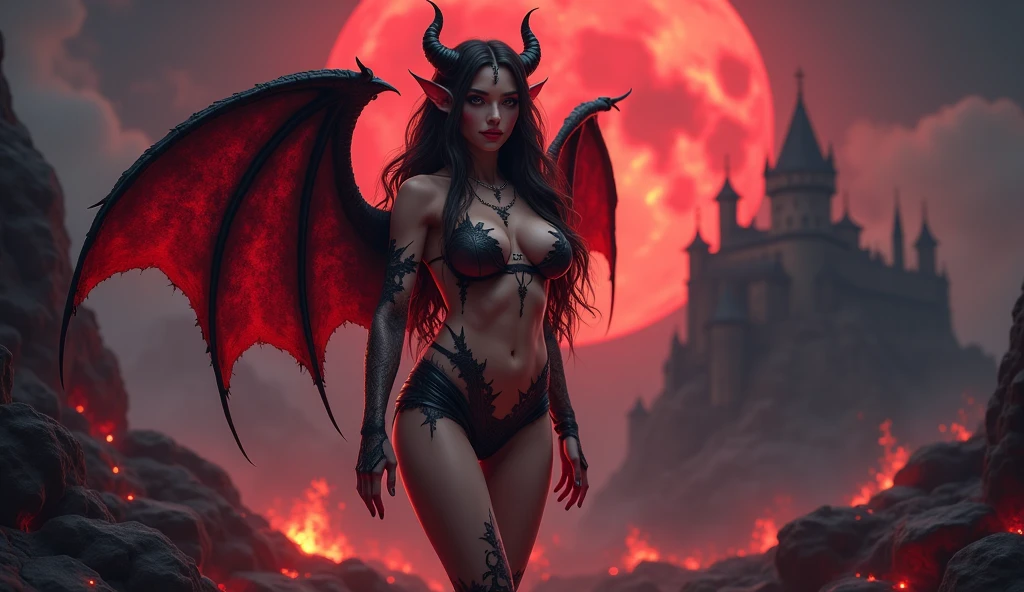 a topless woman with horns and blood on her body in a wet alley, beautiful succubus, succubus | medieval, succubus, diablo 4 lilith, demon girl, beautiful elegant demon queen, demon woman, lilith, demoness, succubus in tight short dress, queen of hell, villainess has black angel wings, diablo 4 queen, raven winged female vampire