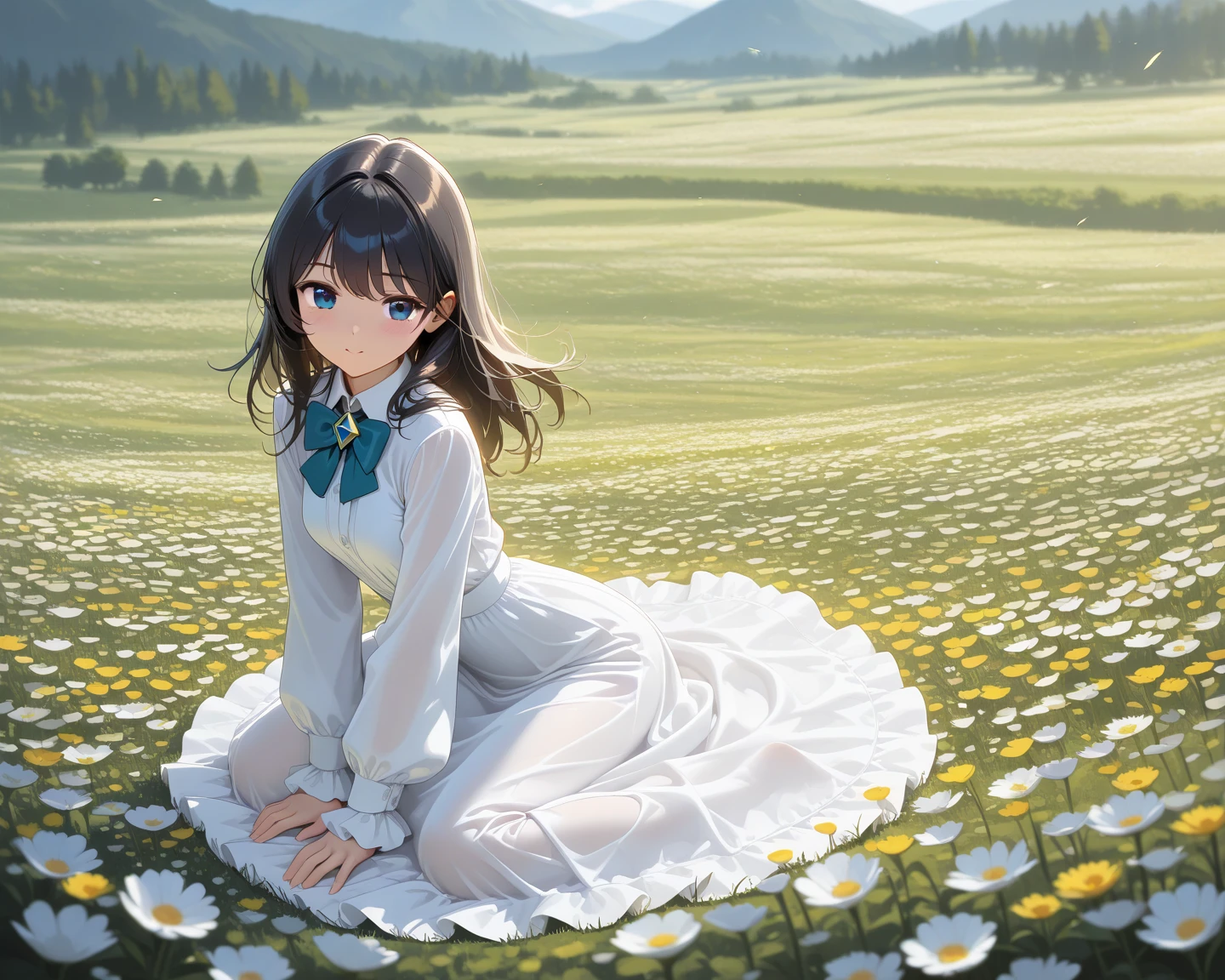 Anime girl wearing a flower crown sitting in a field of daisies, Smooth anime CG art, Beautiful Anime, Cute girl anime visuals, beautiful Anime Art, Beautiful Anime girl, Beautiful fantasy anime,  In a dress, beautiful Anime Artwork, Gweitz on pixiv artstation, Anime Art, Official Art, Cute anime waifu in a nice dress, Gweitz