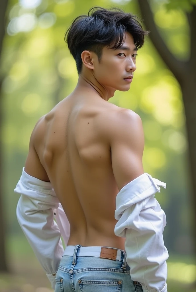 young man topless,straight face,k pop idol,look at viewer,outdoor,beautiful light,deep shadow,best quality,Masterpiece,very high,realistic, brown eye profile,perfect shape, Film texture:1.5, With a summer flower garden as the backdrop., sunlight,Masterpiece, best quality, photorealistic, realistic, hyperrealism, soft focus, shallow depth of field, dynamic light, 75mm, color techniques, Panavision, movie camera, Sharp focus, great details, 8k, realism, realistic, important picture, Film color grading, depth of field, rear projection