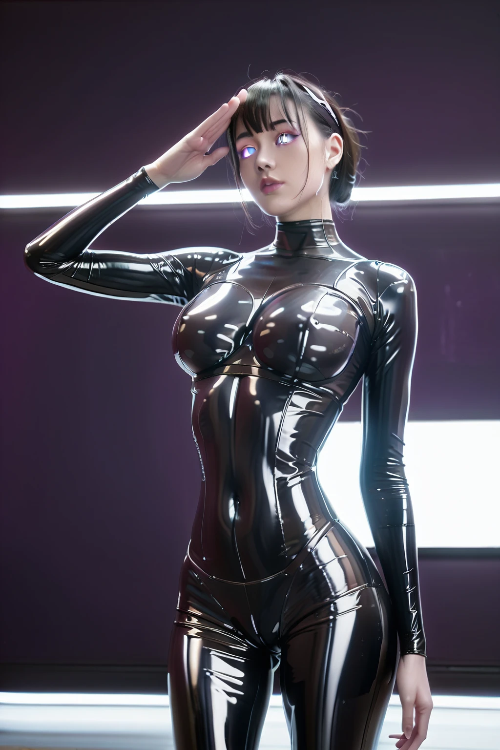 Alafis poses for a photo in a shiny black latex suit, Oppei Cyberpunk, wearing atsuko kudo latex outfit,perfect anime cyborg woman, shiny plastic, shiny plastic盔甲, perfect android girl, Biomechanics oppai, Realistic perfect figure, wlop glossy skin, Cute cyborg girl