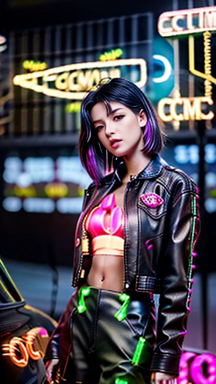 Very tight black leggings, black leather top with neon lights