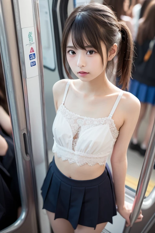 solo, short ponytails,beautiful girl,15 years old,,highschool student,akb48,nogizaka46,pink nipple,small breasts,skinny,2girl,((multiple girls)), from below, black hair, light smile, daypack, bangs, , pov, , short pink sleeves, standing, black eyes, mole, masterpiece, best quality, ultra quality, high quality, realistic, photo realistic, RAW photo, hyper detailed, intricate detailed, train station, train,upperbody,(bottomless:1.8),(blue pink panties:1.5),fullnude,