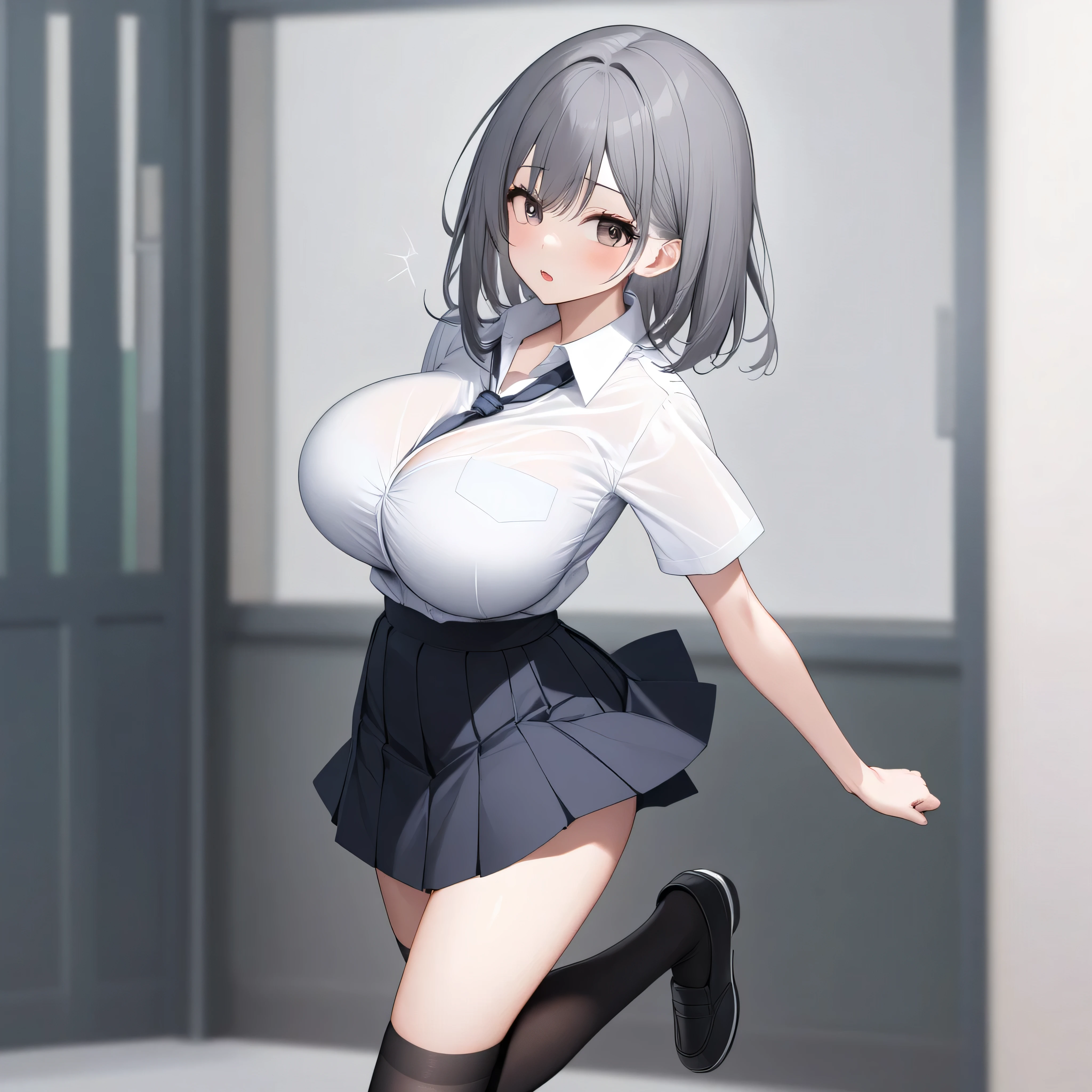 primarily school, BREAK, solo, (a skinny little student walking:1.2), (bouncing large breasts), arched back, BREAK, large breasts, too short torso, too narrow waist, skinny legs BREAK, school uniform, white collared shirts, (gray bra visible through shirts), flapping black too short high-waist skirt, black thighhighs