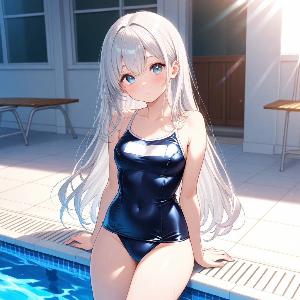 NSFW , (Highest quality:1.5, High resolution, 4K, Detailed lighting, Shaders), Illyasviel von Einzbern alone, Cowboy Shot,Long Hair, Gray Hair, Red eyes, ((Swimsuit))++ M-shaped foot Sexy Looks Seductive gestures atmosphere Super blushing Realistic beautiful swimming pool