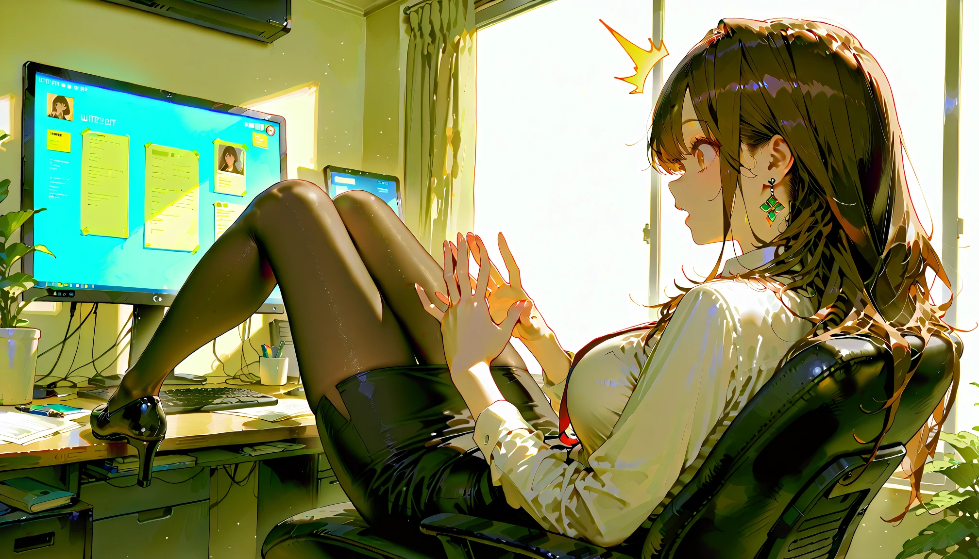 (masterpiece), best quality, expressive eyes, perfect face, AI art Shiori generated for keywords ((masterpiece)), ((best quality)),(ultra-detailed), (lovely), ((extremely detailed)), (beautiful), pretty face, (fujisaki shiori), mature girl, 4K, 8K, 1girl, solo fujisaki shiori, lovely happy, shiny skin, beauty girl, perfect legs, red eyes, Realistic, extremely detailed CG unified 8K wallpaper, highly detailed, high-definition RAW color photos, professional photography, featuring Fujisaki Shiori from the beloved Tokimeki Memorial series, medium straighten hair, long hair, red hair, lash-grazing, air fringe, live alone, 22-years-old, adult girl, medium breasts, E cup breasts:1.1, cleveage, nipples, wide hips, in summer, at noon, live hong kong, music office to do intern, in music culture center venue, use laptop to check Arrange music culture event process, (on the wall hanging music poster:1.1), (a neck Hang Employee ID card), girl's sweater sleeveless shirt, skirt, white lace panties, sit on office chair, (crossing legs:1.4), (working posture:1.4), affairs works:1.1, use tablet working, (see cameltoe very extremely highly detailed:1.1), (see white lace panties:1.4), cowboy shot, dynamic angle.