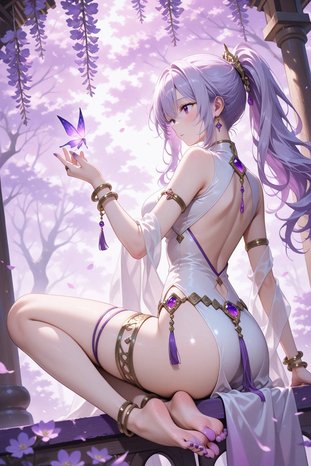 ((Best quality, 8K, Masterpiece: 1.3, 1girl, Beautiful girl)), cute, Dynamism, Detailed face, Detailed skin, detailed clothes, Detailed eyes, Detailed lips, Detailed tongue, Detailed fingers, Detailed mouth, Photorealistic, Raw photo, highres, Natural lighting, dynamic pose, perfect anatomy, toned legs, double eyelids, tear bags, round eyes, moist lips, sweaty, (she is wearing only white dress), golden buttons, hair between eyes, purple hair, bare legs, half closed eyes, steam:1.5, sheer, wet clothes, sheer wet, ecstatic face, cowboy shot, shape of nipples, pubic hair:1.1, open mouth, tongue out, drooling, outdoor, night, rainy wet, rain, full body, spreading legs
