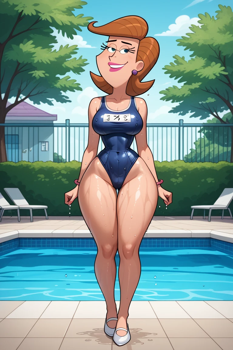 dextersmom, 1girl, mature female, wide hips, orange hair, black eyes, makeup, wearing bathing suit, bare shoulders, (pool, ass on side of the pool), (nipple outlines under bathingsuit), slight smile, big breasts, big ass, thick thighs, wide hips, nude, cleavage,
