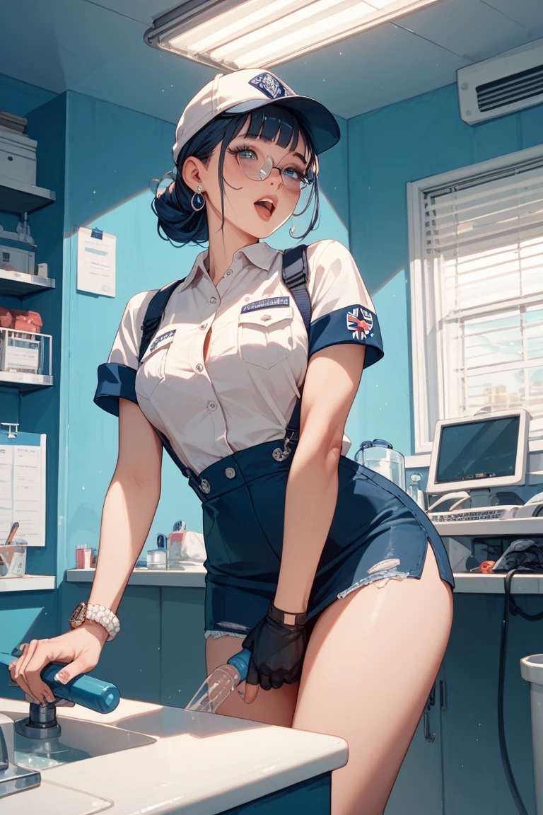 nome Tetsuya, obra de arte, melhor qualidade, 1 garota, water eyes, baseball cap, cabelo loiro, boca fechada, brincos, fundo verde, tem, hoop brincos, joia, olhando para o espectador, camisa, cabelo curto, fundo simples, Sozinho, tronco, yellow camisa big ass, thick muscle body