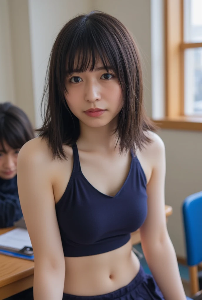 masterpiece, Highest quality, figure, Very detailed, Fine details, High resolution, 8k,wallpaper, Perfect dynamic composition,(Detailed high quality, Realistic depiction of eyes:1.3), From the side, High school classroom、underwear、  Short Bob Hair, Black hair color, Huge breasts, Big Natural Color Lip, Bold sexy pose, Perfect figure, Crying a little、Cold Stare, Harajuku Style、20-year-old girl、Cute type, Beautiful feet, Gravure idol pose