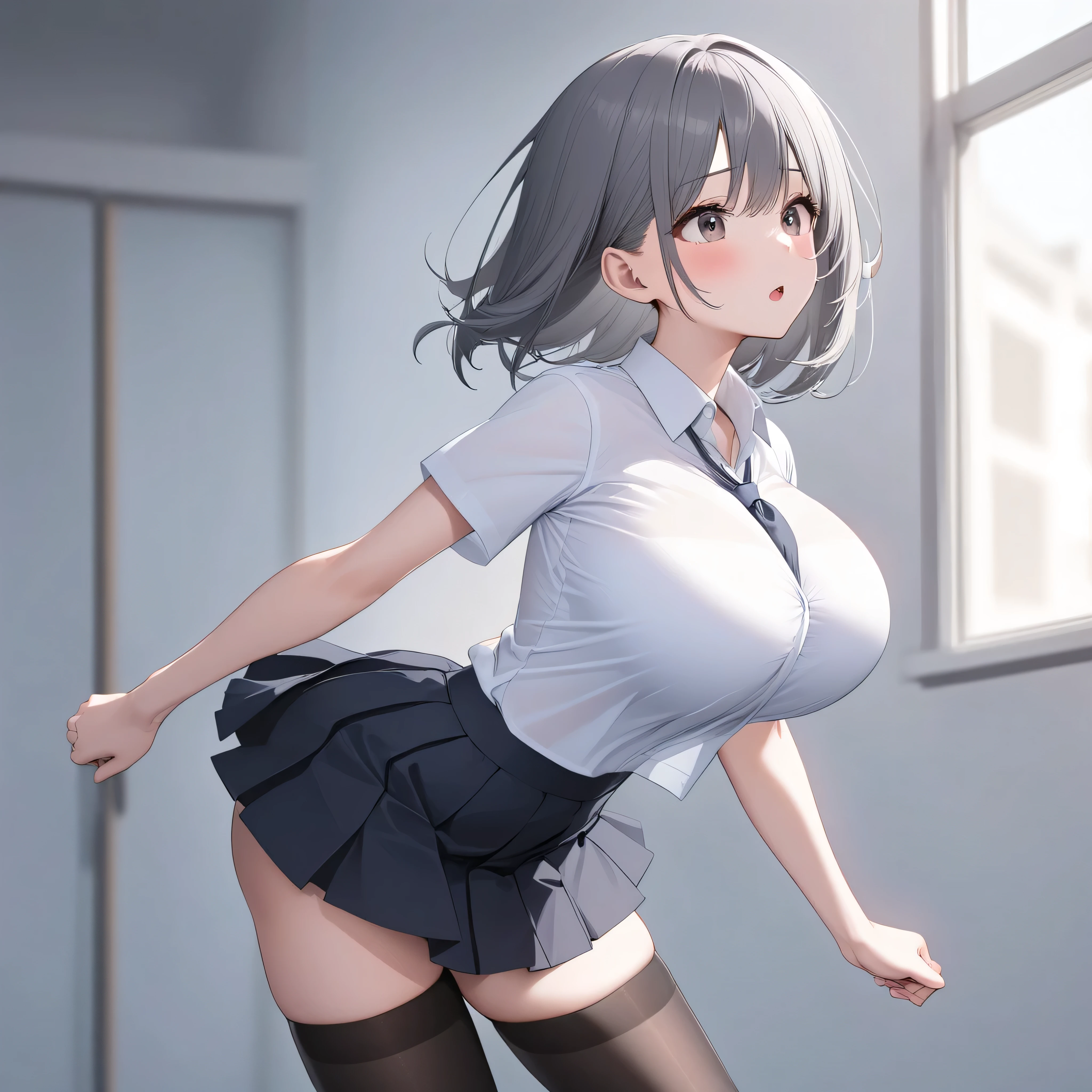 primarily school, BREAK, solo, (a skinny little student walking:1.2), (bouncing large breasts), arched back, BREAK, large breasts, too short torso, too narrow waist, skinny legs BREAK, school uniform, white collared shirts, (gray bra visible through shirts), flapping black too short high-waist skirt, black thighhighs