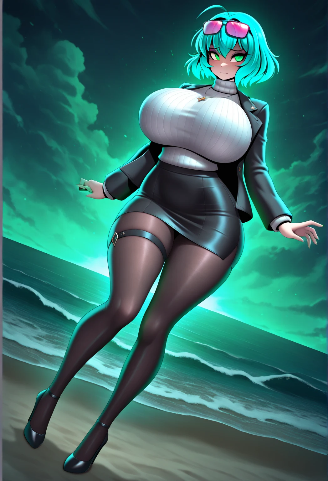(masterpiece, top quality), (medium),official art, beautiful and aesthetic:1.2),(gwen:1.3), (fractal art:1.3), Aletta ocean face, total drama island, (teal hair), ((black g string bikini)), from side, (slendered abs:1.3), ((choker around neck)), black bracelets, (cleavage:1.2), black boots, looking at viewer,(((black lipstick))), stars in the background,((black gloves)),((gigantic breasts:1.5)), (((long bob-cut))),((ultra green eyes:1.5)),((extremely detailed CG unity 8k wallpaper,masterpiece, best quality)), ((ultra-detailed:1.5)),(best illumination, best shadow, an extremely delicate and beautiful),(extremely detailed CG unity 8k wallpaper,masterpiece, best quality, ultra-detailed),(best illumination, best shadow, an extremely delicate and beautiful),(masterpiece), digital art, otherworldly, a burst of color, chaotic beauty, (hair straight:1.2,hair hangs down:1.2), (background: broken, shattered, fractured), (light: flickering, pulsating, radiating).