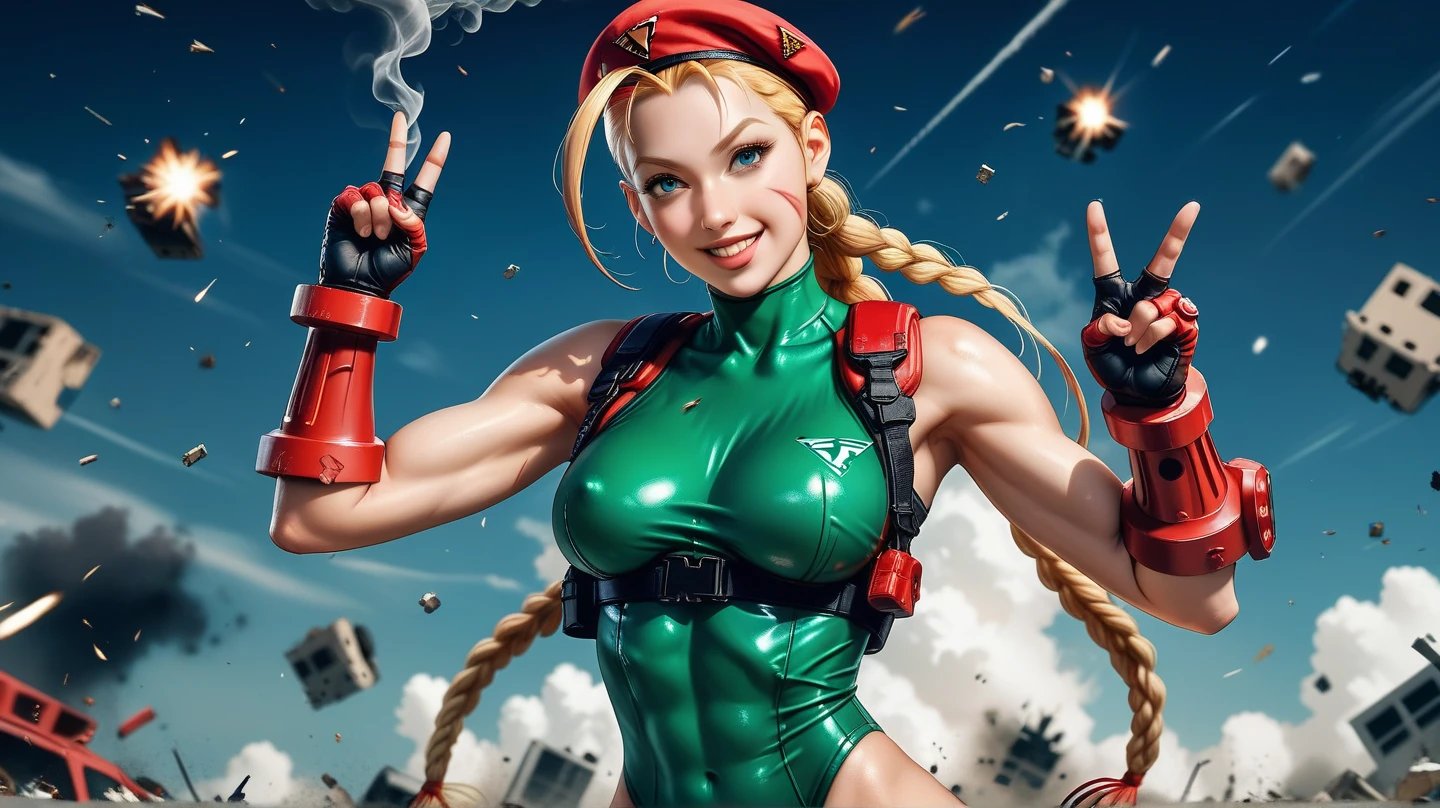 estilo GTA, tela de carregamento GTA, GTA art, Retrato de Cammy White with a muscular build, wearing a green, form-fitting bodysuit. She has long blonde hair styled in two braids, a red beret, and red gloves. , ((angry facial expression)), altamente detalhado, rosto detalhado, epic, high definition shooting, retrato digital, Lindo, Art Station, comiс style, ((hot body, hot girl, sensual, sexy)), comic,  ((a destroyed city background, fogo, smoke, blast)).