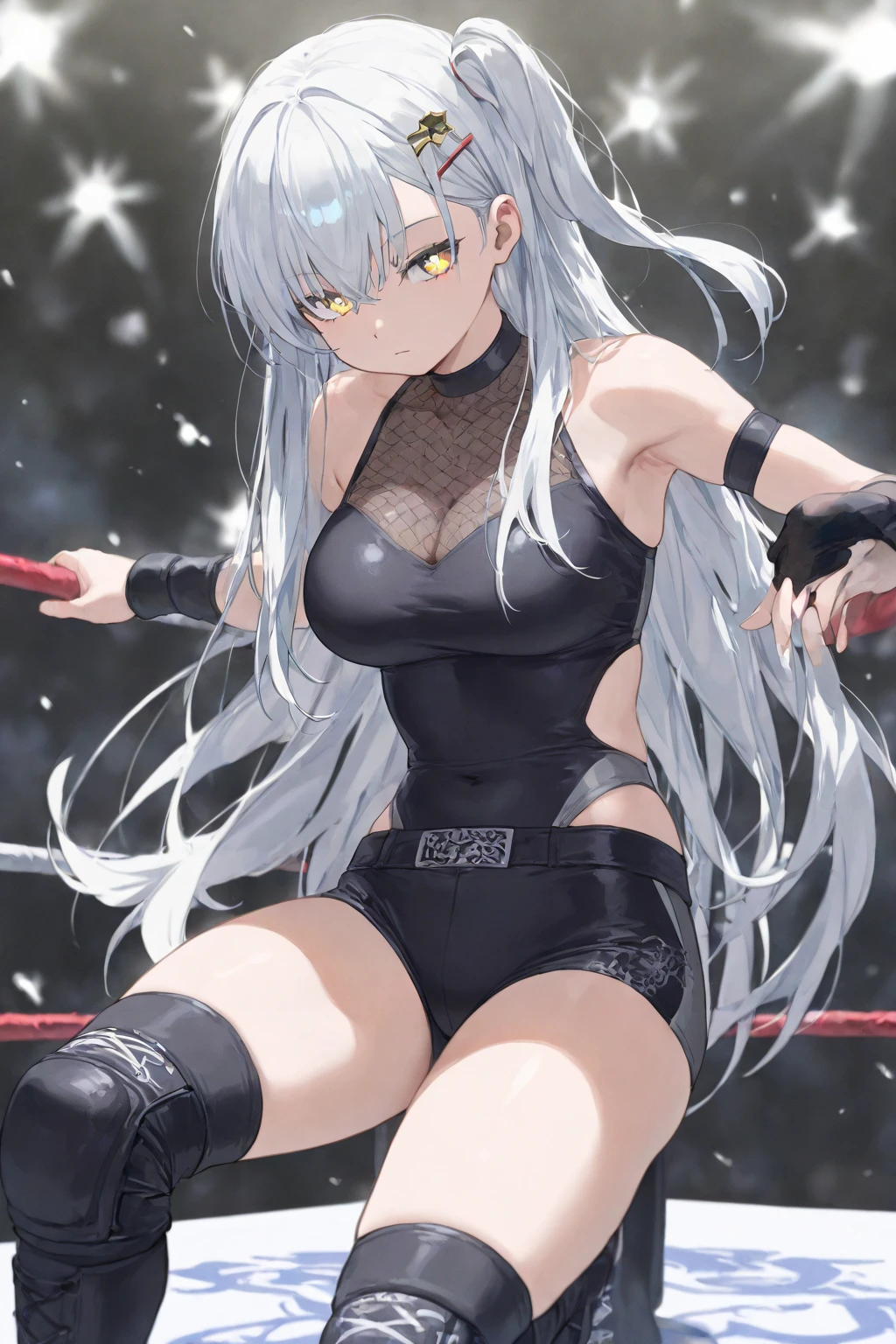 (((masterpiece))),(((best quality))),(ultra-detailed,high resolution:1.2),(illustration),((an extremely delicate and beautiful)),(detailed background), POV, cowgirl position, bouncing breasts, (((man of top))), pussy, vaginal penis, (((motion lines))), (((vulgarity))), motion lines, (cum in pussy:1.4), ((((wrestling ring)))), ((1petit girl)and(1 boy)), hetero, ((((1petit girl,short stature)))),((((miyako/(blue archive/)))),official style, (slender body:1.4), (long hair,ponytail),white hair,bangs, purple eyes, (flat chest), covered navel, collarbone, pale skin,shiny skin, ((She wears swimsuit, thigh high socks), (expressionless,half-closed eyes,look down), (cum on clothes,cum on body,excessive cum:1.4),cum facial,bukkake,cum on hair,cum on pussy, clothing aside, clothed, (1muscular boy,tall stature:1.4), large penis, trembling, text,