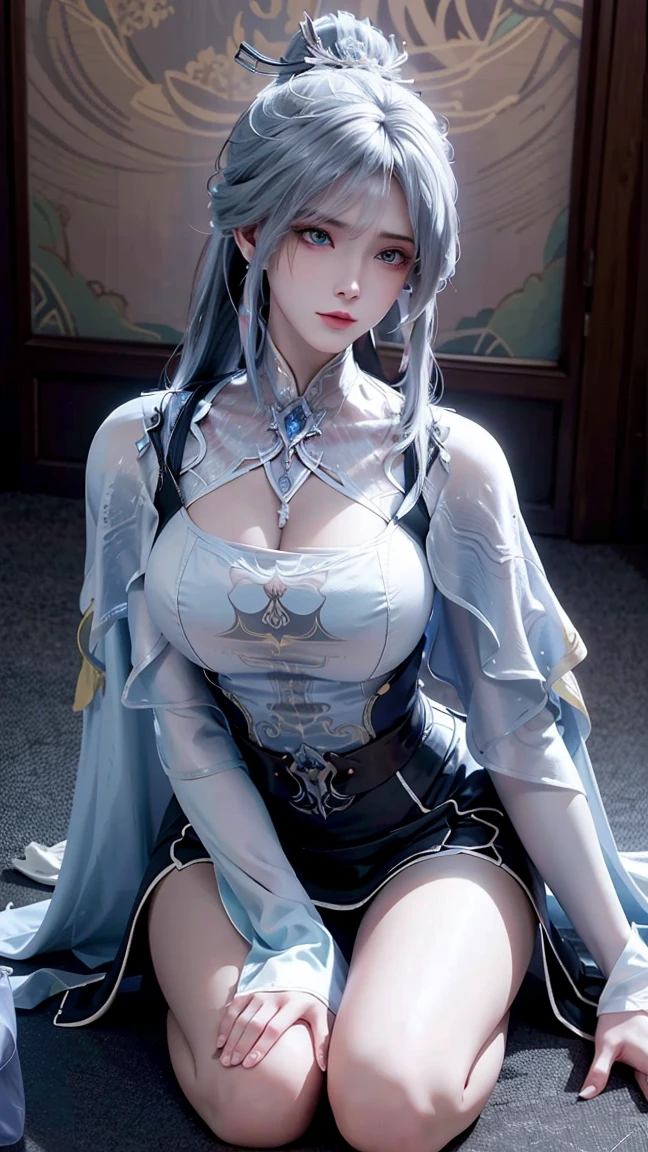 1 girl,adult, cityscape, night,looking at the audience,White clothes, blue eyes,white skirt,Medium to long white hair, blue hair,cape, white pantyhose,snowflake, floral, jewelry, gem,shining, thigh strap,huge 、huge breasts,4K screen,Dancing,exposing her chest、Show breasts,暴exposing her chest,暴Show breasts,暴Show breasts,Exposing cleavage,Exposing cleavage,