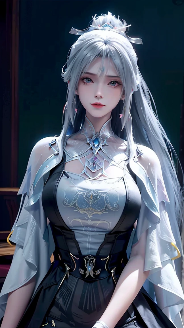 a close up of a woman with a white hair and a black scarf, huge gigantic breasts,a character portrait by Yang J, pixiv contest winner, fantasy art, white haired deity, beautiful character painting, artwork in the style of guweiz, the piercing stare of yuki onna, guweiz, with white long hair, with long white hair, flowing hair and long robes