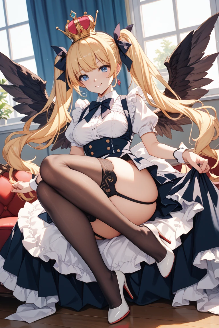 wariza,sitting,{full body},looking down from below,{foot focus},dynamic angle, dynamic cut,naughty smile,macrophilia,{white wings},{angel},{}{very muscle}}},{very curvy},{gigantic breasts},very tall woman,very big woman,gigantic woman,{long legs},{two side up},blonde hair,barefoot,cute dress shirt frills ribbon split corset skirt,best quality,1 girl,