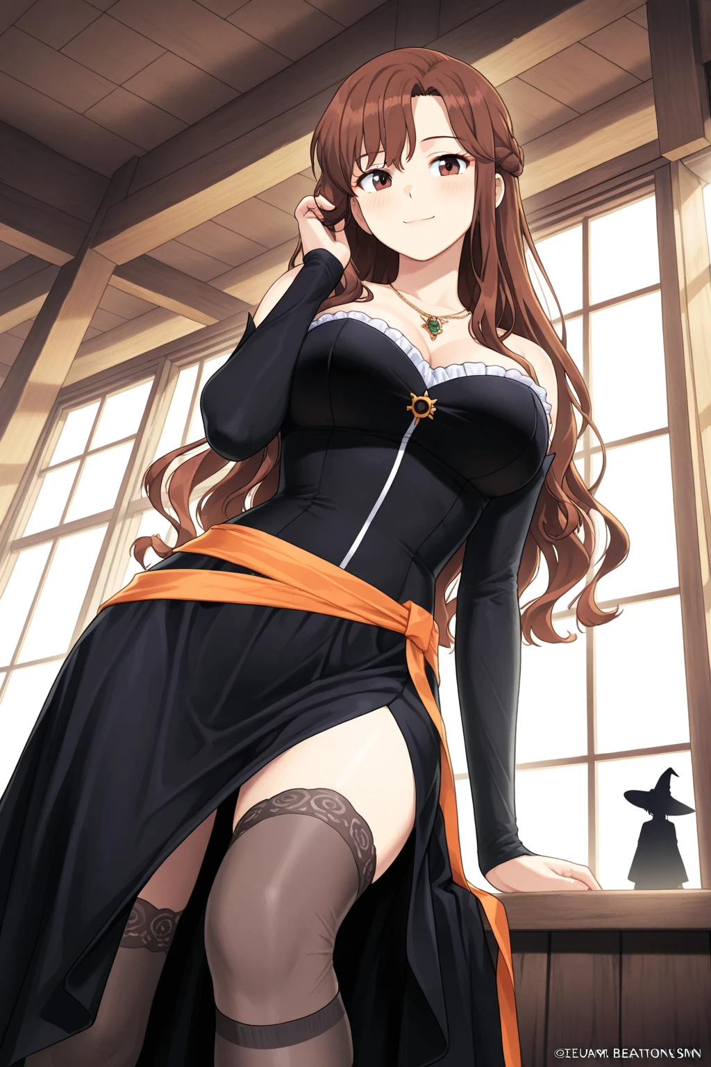 sexy style, 1 woman, mature, tall, dark red hair, long hair, straight hair with curled ends, dark red eyes, posing frontally, with arms crossed over her breasts, wearing a long skirt dress, dark red dress, open dress on the sides, legs showing, sexy legs, Witch hat on the head, red hat, mystical forest scene, perfect lighting, illustration style.