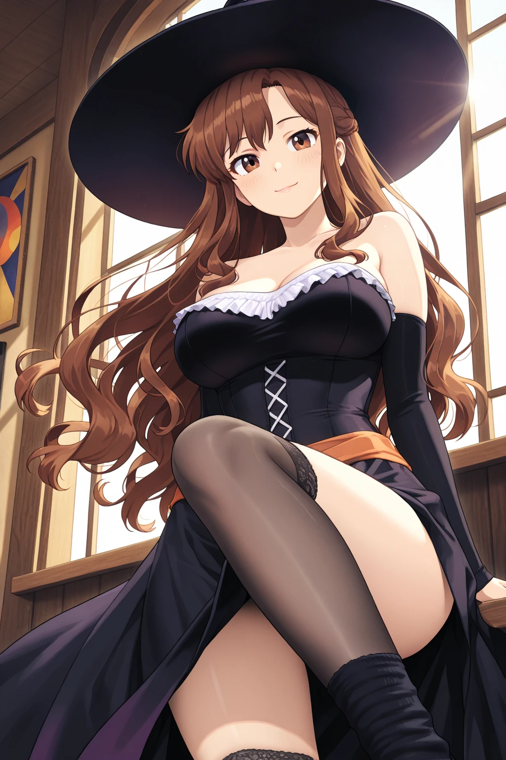 (Masterpiece, best quality, beautiful eyes, highly detailed, high res, anime), 1 girl, fox ears, fox tail, dark brown hair, green eyes, massive breasts, massive cleavage, witch, witch hat, witch dress, magic school uniform, sexy, mature woman, smugly smiling, smug,