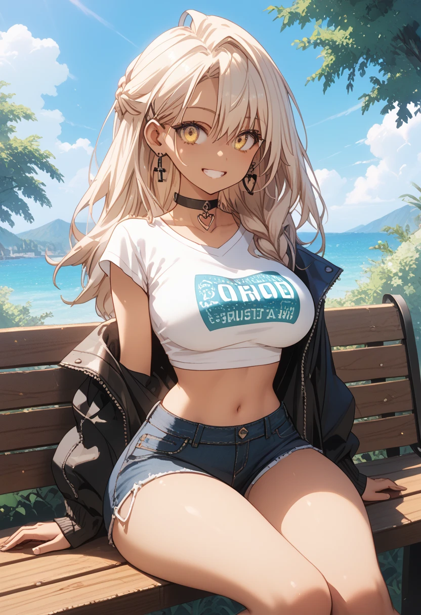 (((Meisterwerk))), ((beste Qualität)), detailliert, anime girl with bunny ears posing on the beach next to a river, outdoors, gloves, 1girl, breasts, jewelry, black gloves, bracelet, shorts, navel, crop top, solo, blonde hair, animal ears, short shorts, cutoffs, shirt, necklace, cleavage, long hair, denim shorts, stomach, looking at viewer, rabbit ears, day, midriff, white shirt, sitting, short sleeves, hair ornament, black shorts, denim, smile, bag, extra ears, parted lips, arm support, yellow eyes, bead bracelet, thighs, bird, large breasts