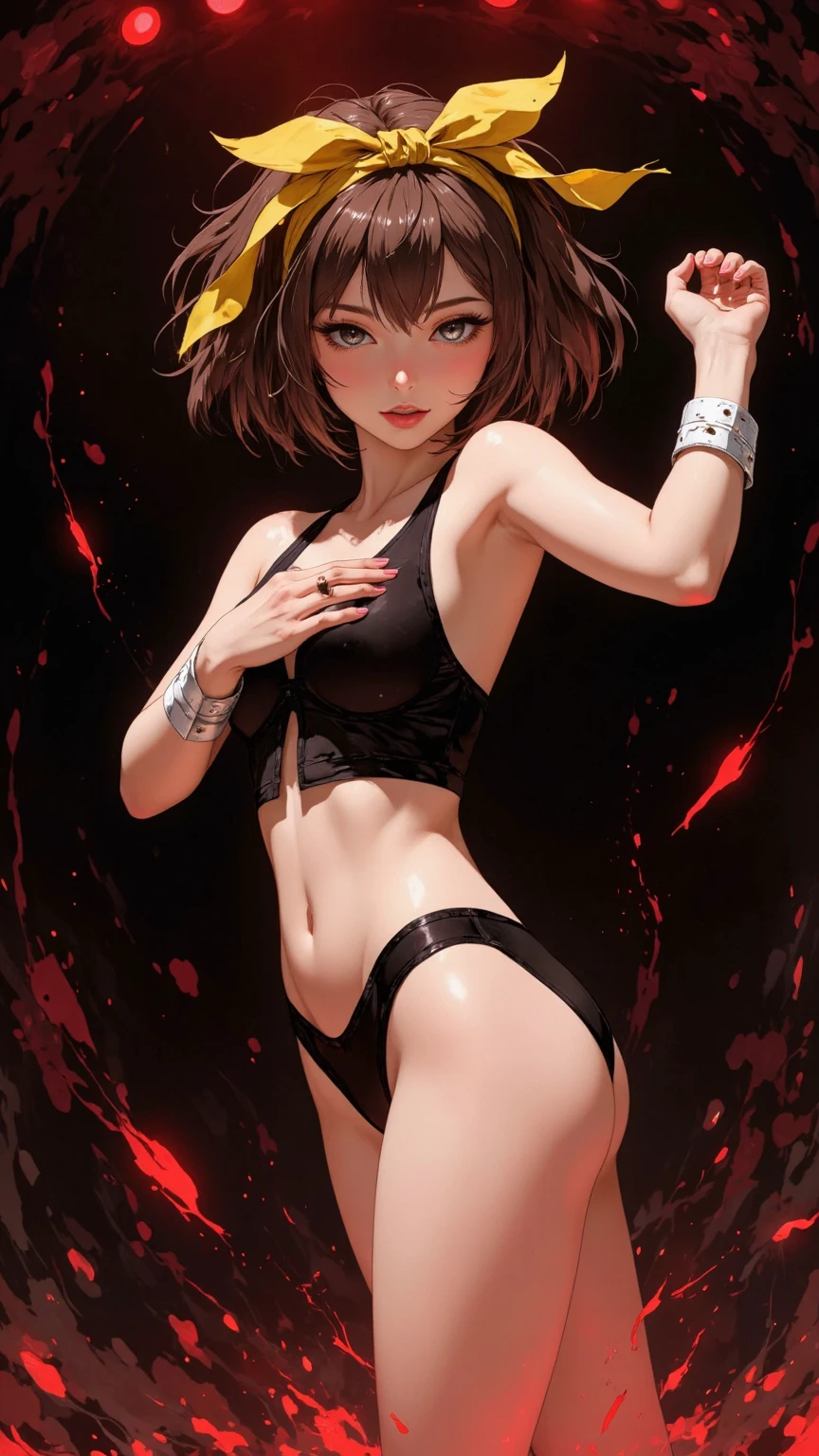 Matoi Ryuuko (Kill la kill), Fleshy thighs, Instagram pose，Dynamic angle, Show armpits, ((Croptop, Underboobs)), Nipples, C cup, Happy expression, (Entire body image:1.5), (8K, Best quality, A high resolution:1.35), (RAW photo:1.2), (Photorealistic:1.37), (Masterpiece: 1.25), Dramatic lighting, Photon maping, Symmetry, Complexity, Elegance, (1 girl), Large breast, Long eyelashes, Detailed eyelashes, Eye shadows, Glowing eyes, ((Natural makeup, Clear facial features)), ((Curvy build, Showing stomach)), ((Fine detailed beautiful eyes: 1.2)), Bad girl, Erotic, ((City background, Night))