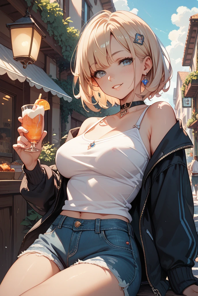 score_9, score_8_up, score_7_up, score_6_up, (score_9, score_8_up:1.1), score_7_up,
1girl, solo, long_hair, blond_hair, looking at viewer, medium_breasts, shirt, athletic, navel, cleavage, jewelry, earrings, shorts, midriff, indoors, necklace, lips, short shorts, hair over shoulder, hoop earrings, white shorts, nipple_bumps, at a bar.