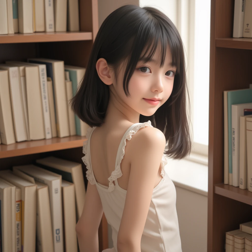 8k,masterpiece,Portrait Photography,Japanese,8 Year Old,Big eyes,Fine grain,delicate,Narrow shoulders,Flat-chested,Chest like a plate,Small waist,Small Ass,Neat,Cute outfit,Bright spot,In front of the bookshelf in the library,Thin shoulder straps,The light makes the clothes transparent,Clothes that are likely to be stolen,Little ballerina,Chiffon fabric,Summer Dresses,Very cool looking clothes,Light white clothes,separate,My belly is visible,The back is widely open.,See-through clothing,camisole,Sleeveless,マイクロミニのTutu skirt,Tutu skirt,Medium-long hair,Hair up,Cute ribbon,Cinematic lighting,Natural smile,Natural pose,Reader model for children&#39;s fashion magazine,