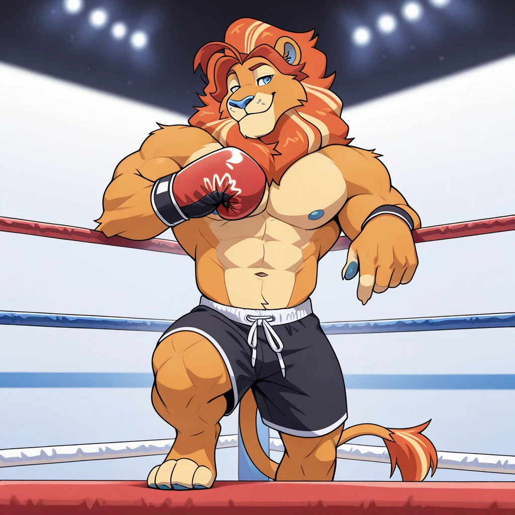 ((1anthro male lion), boxing gloves and boxing shorts, (bruised:1.2+injured+beaten-up), (sweat:1.2+drenched), (punched:1.3+boxer)):0.8