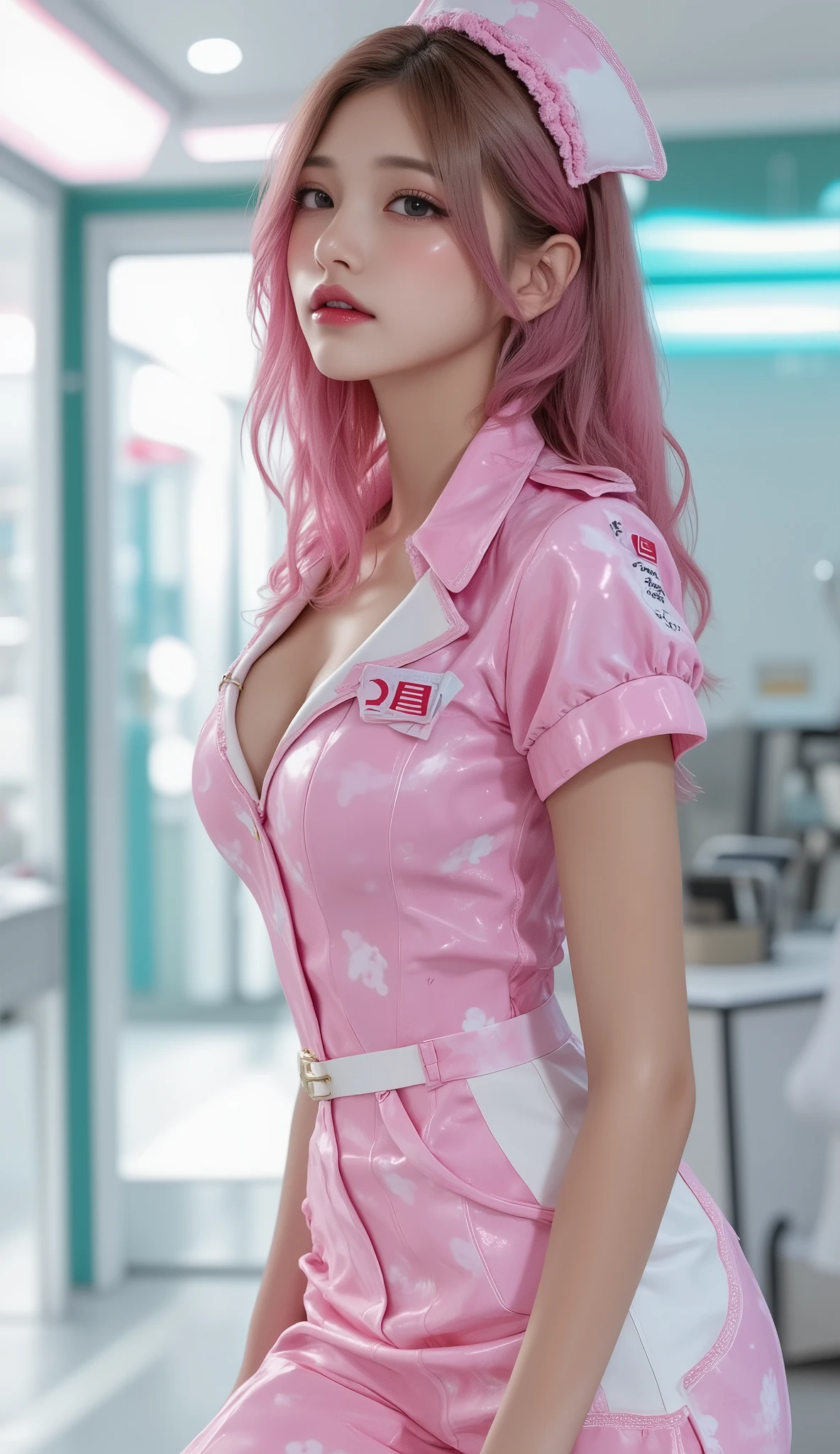 Best quality,A masterpiece of women with rich details,Clear semi-realistic image,The main body is most of the body,18-year-old young woman with long pink hair and bangs,Wearing a pink-purple flight suit with black accessories,stand-up collared shirt,Sharp facial features,Brown eyes,There is hair between the eyes,The body has a fluorescent long coating,There is shattered glass around,The background is a cold scene of the grassland,Show a sense of authority and power in a serious accident,The overall image is beautiful。