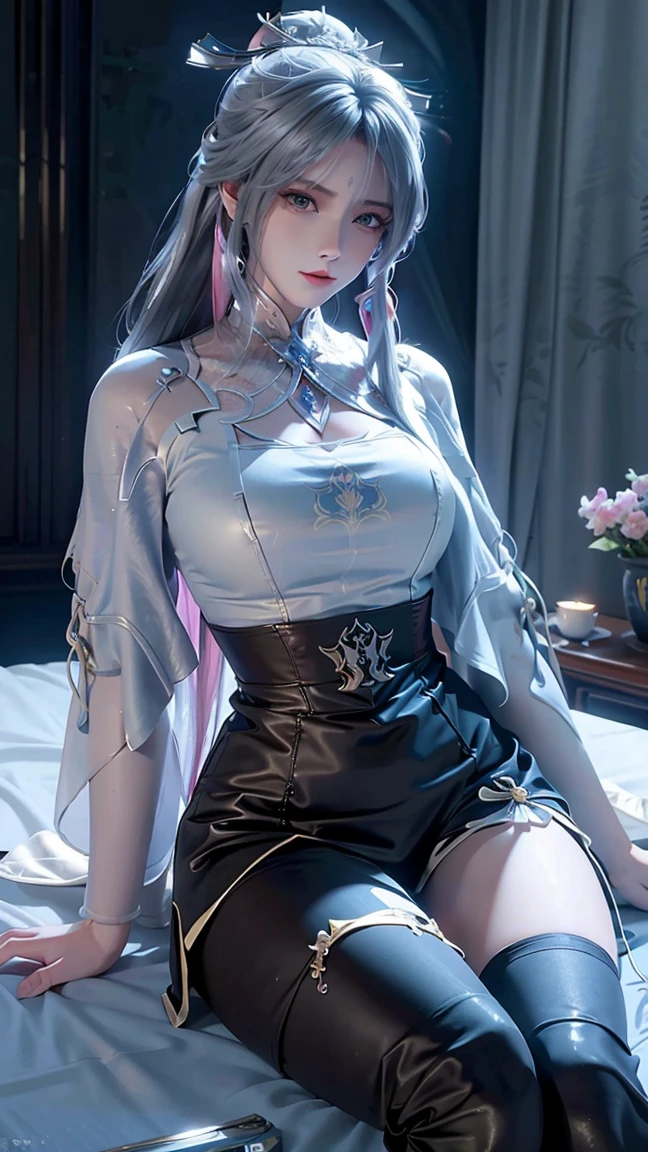 ((Dark Light, Top Quality, 8K, Masterpiece: 1.3)), (Focus: 1.2), (In Chinese, Casual Theme, Indoor: 1.5), (Beauty & Slim Abs: 1.4), ((Layered Hairstyle)), (White Shirt: 1.6), (White Lace Short Skirt: 1.3), Highly Detailed Face and Skin Texture, Whitening Skin, (Full Body: 1.4), White Clothes