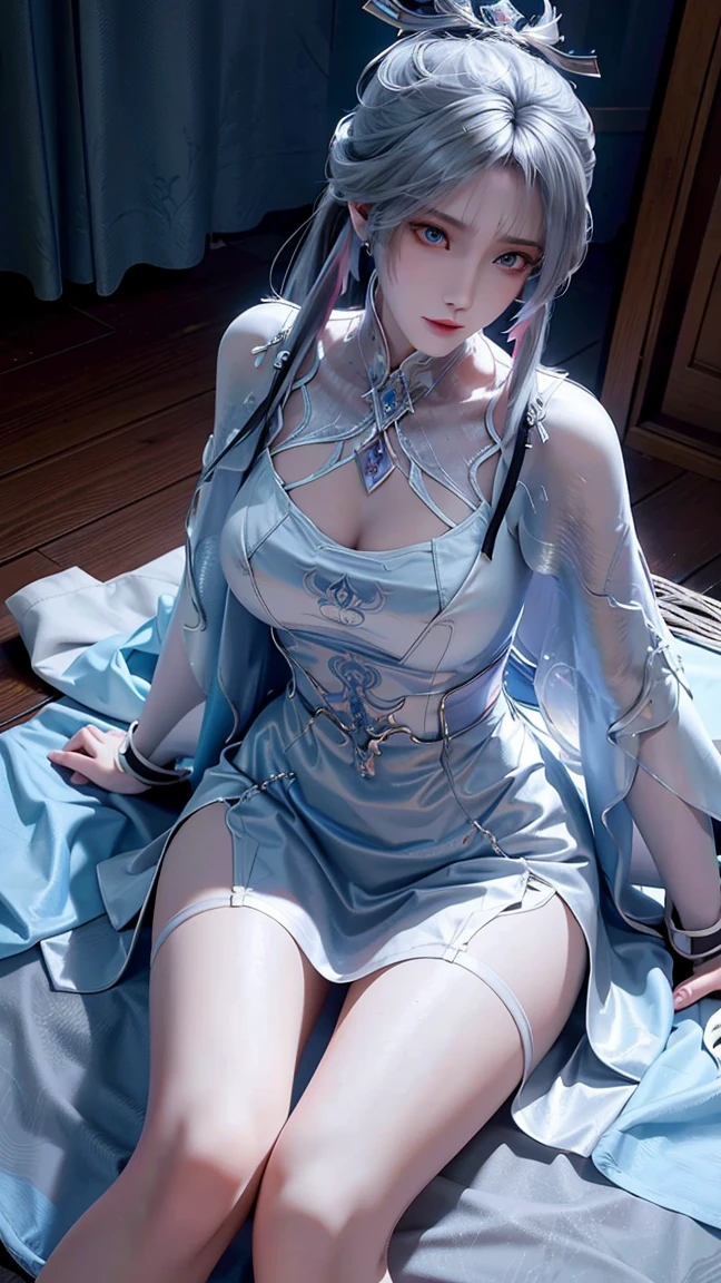 Character Details:, - Gender: 1 Girl. - Style: Anime, - Body Type: Attractive body, slim body, nice legs, slim tights, nice arms, nice shoulders. - Breast: (Small Breast), ((Cleavage)), (Nipple). - Facial Feature: Beautiful, Gorgeous, Teenager, Fresh, Young. - Expression: Smile, ((Horny)), Pink Blush on Face, Sexy Eyes, Sexy Look, (Sweating:1.4), Innocent Look, Tipsy. - Hairstyle: Blunt Bangs, Long Hair. - Hair Color: Light Blue Hair, Ribbon, Braided. - Clothing: (Short Chinese Dress:1.5), (Off Shoulder:1.5). - Body Pose: (Seiza Pose:1,2), - Behaviour: Waiting, Want Something, Secretly. - Accessories: Earrings, Environmental Details:, - Setting: Bed Room, - Lighting: Natural Light, - Decoration: Modern Bed, Pillow, Blanket, Cloth, Silk, Sakura, Flower, Table, Chair, Window, White Curtain, City View. Top view. pov, anime style, UHD, retina, masterpiece, accurate, anatomically correct, textured
