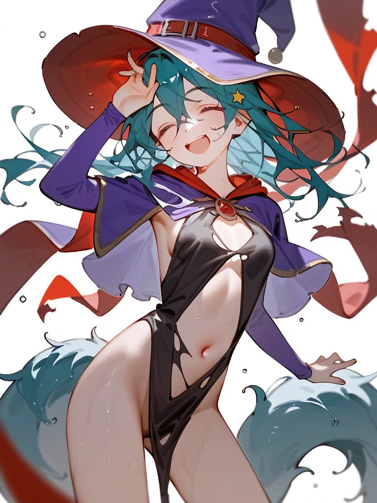 girl, green long hair, discreet outfits, blue fantasy clothes with red trim, small breasts, magician, cloak, blue witch hat, brown leather boots, short skirt red ribbon around the waist.