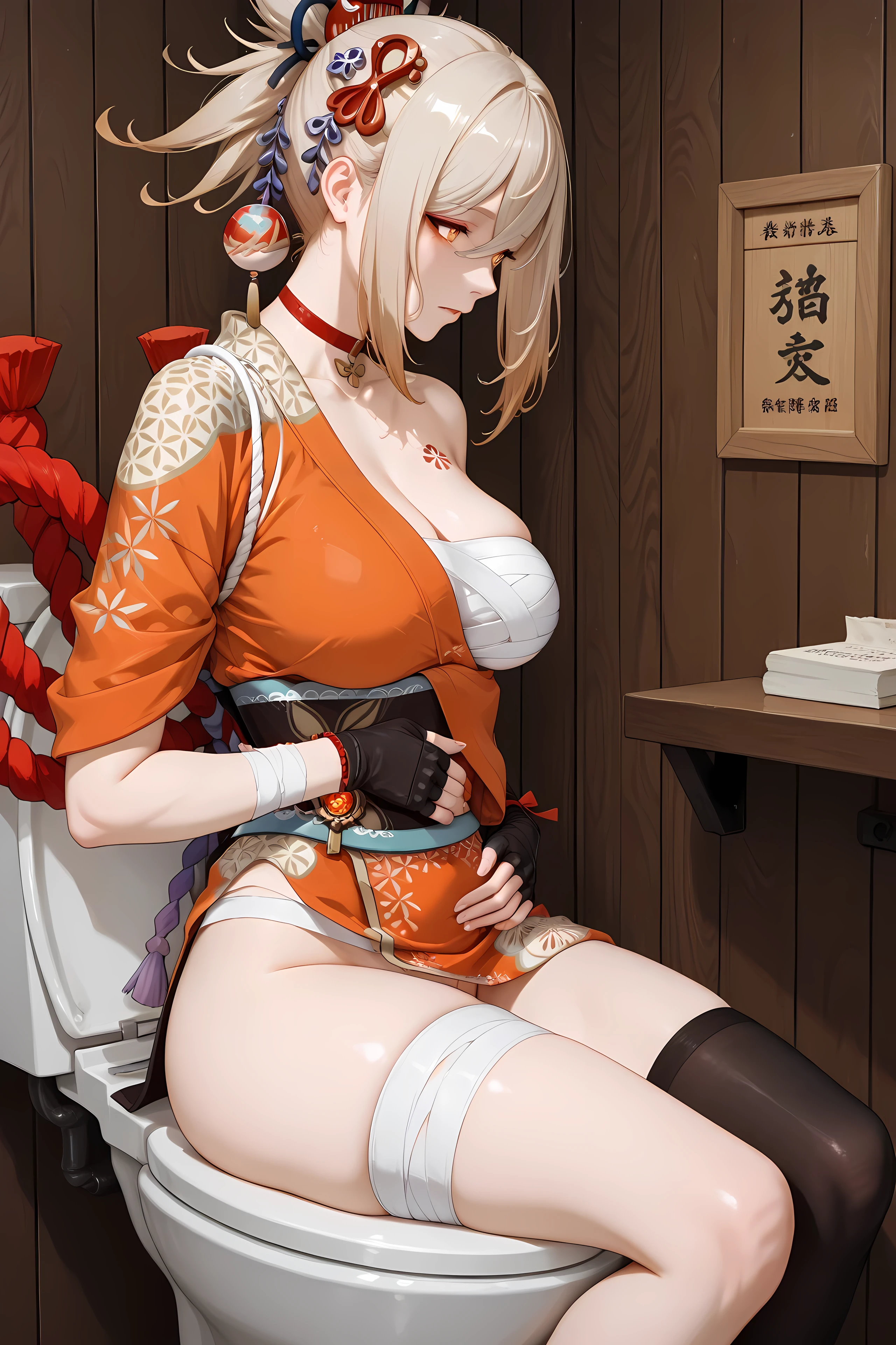 thighhighs, gloves, jewelry, japanese clothes, choker, fingerless gloves, kimono, bracelet, tattoo, bandages, asymmetrical legwear, pouch, sarashi, bandaged arm, red choker, arm tattoo, shimenawa, bandaged leg, chest tattoo, hadanugi dousa, orange kimono, single fingerless glove,,yoimiya, bangs, blonde hair, hair ornament, hair between eyes, ponytail, sidelocks, orange eyes, light brown hair,,general, masterpiece, highres, ultra-detailed, hyper-detailed, best quality, amazing quality, very aesthetic, best hands, best eyes,
adult woman, 1Woman, Sitting on a toilet, hunched over, both hand at stomach, pained face, slightly pale face, abdominal pain from diarrhea, clutching stomach, vibrant
brown wooden cubicle, proportional, large chest, large breast, from side, Seeing the whole lower body, uncensored, pussy, bare leg
Shenhe of Genshin Impact, beautiful adult woman, Silvery White hair, Iridescent eyes, in game costume