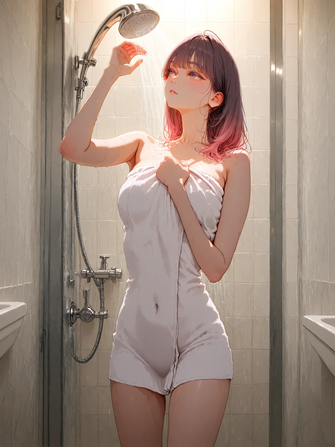 ((Highest quality, 8k, masterpiece :1.3)), (Sharp focus :1.2, Beautiful woman with perfect figure :1.4, Slim Abs), ((Big Breasts, Emphasize cleavage:1.2)), (Photorealistic:1.4), (realistic:1.4), (Pink Hair:1.5), Highly detailed face and skin texture, Fine grain, double eyelid. Makeup face, A little bit of lipstick, sex appeal, Sexy gravure pose, ((Wearing a pink see-through dress、A glamour model shows off her beautiful legs while taking a shower in a marble bathroom。:1.3))