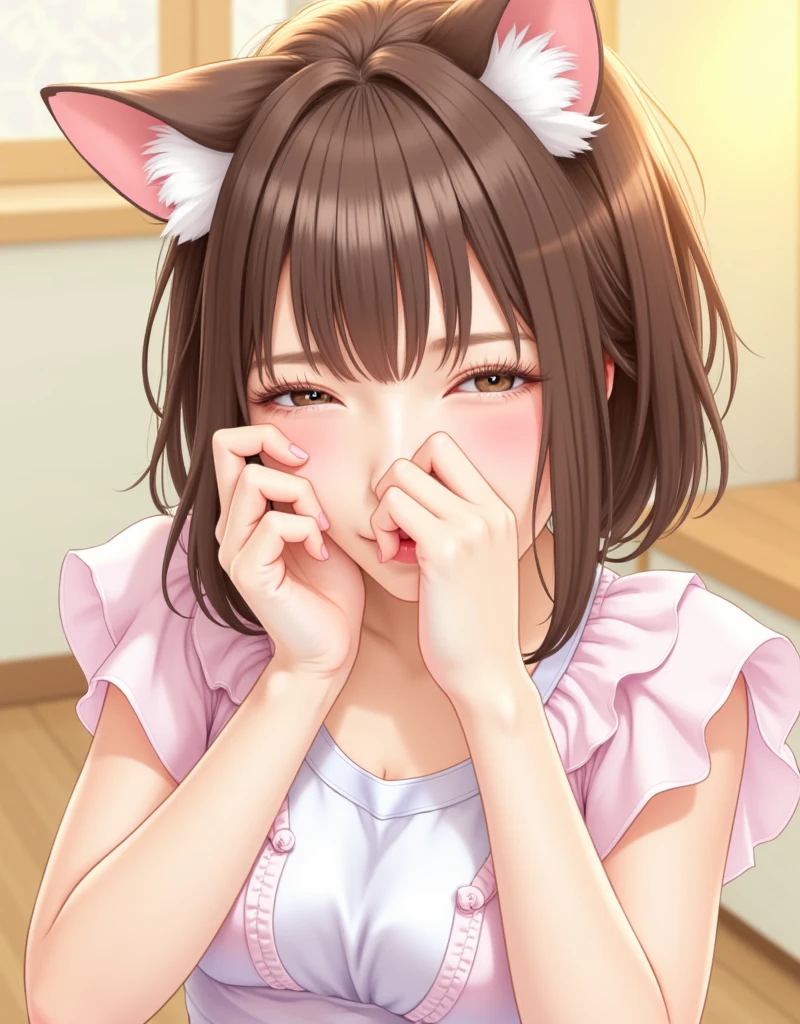 aston machan \(umamusume\), (shy:1.3), (embarrassed:1.4), looking_at_viewer, kneeling , looking up, cumdump, creampie, sea-through nipples, (excessive cum:1.2), (cum on hair:1.3), 1boy, detailed penis, long penis, paizuri, fellatio, open mouth, tongue out, (detailed tongue:1.3), (licking penis:1.3), tongue licking, cum on tongue, detailed lip,