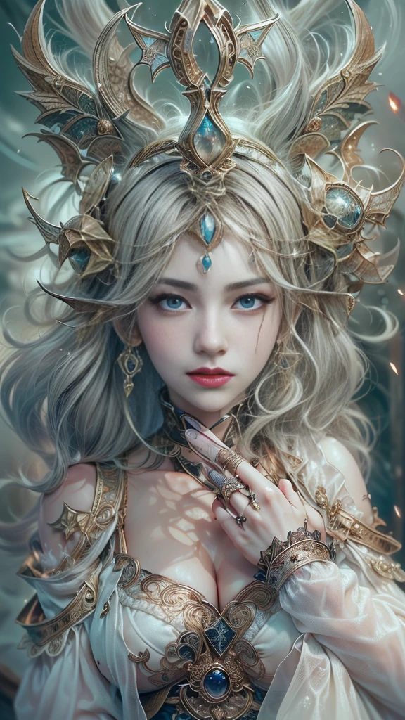 Ultra-detailed complex 3D rendering of the face, (masterpiece, top quality, octane rendering,), glamour shots full body image, very beautiful young elves, cleavage, (highly detailed skin: 1.2), (exposure: 1.1), ((blue micro bikini: 1.95)))). , 8k, (((very soft breasts)), (((conspicuous large pink areola)), beautiful Caucasian woman with white skin with full soft breasts with big buttocks, one, long braided hair, big breasts, dynamic angles, (((huge breasts: 2.4)), ultra-realistic photos, ((((((silver hair)))), futuristic urban background, facial muscles, (((((detailed and glamorous silver crown)))), In the style of Marvel Comics, ArtStation Trends, Clear Focus, Intricate Details, Very Detailed, Detailed Green Eyes, Sharp Focus, Digital Rendering, Professional, Abs, Lip Gloss, Glossy Skin, Sexy Pose, Golden Tattoo All Over Body, Silver Pattern All Over Body, Silver Lame Skin, Gold Glitter Skin, Mansuji, Buttocks, Jeweled All Over the Body, with silver scales, silver hair,