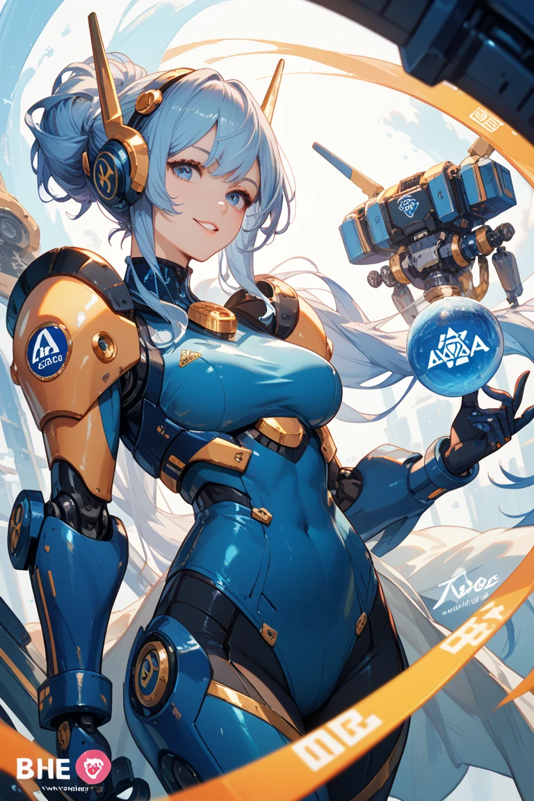 Full body, blue hair, blunt van, masterpiece, top quality, official art, album art, very elaborate CG Unity 8K wallpaper, lone girl, Japan girl, full body, super high resolution, (photorealistic: 1.4), dynamic angle, dynamic pose, mystical power, floating particles, reflection, so cute, sparkling blue color eyes, golden hour lighting, white and blue and black color flight suit, tight fit clothes, full body covering clothes, knee boots, (puffy eyes), viewer look, frontal, beauty, medium breasts, shirt lift, metal wire, slim body, arm-length gloves, anime heroine, gentle smile, headset --auto --s2