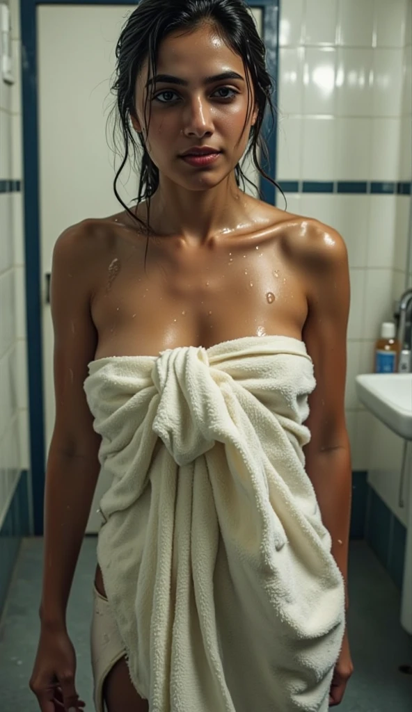 (masterpiece: 1.3) your chest、sharp focus:1.2、beautiful woman:1.4、light brown hair、best quality、masterpiece、High resolution、(Photorealistic:1.4)、highly detailed and professional sad crying、Bikini outfit, hijab、Shoulders out 、slender、Serious facial expression、short hair、Fatal position