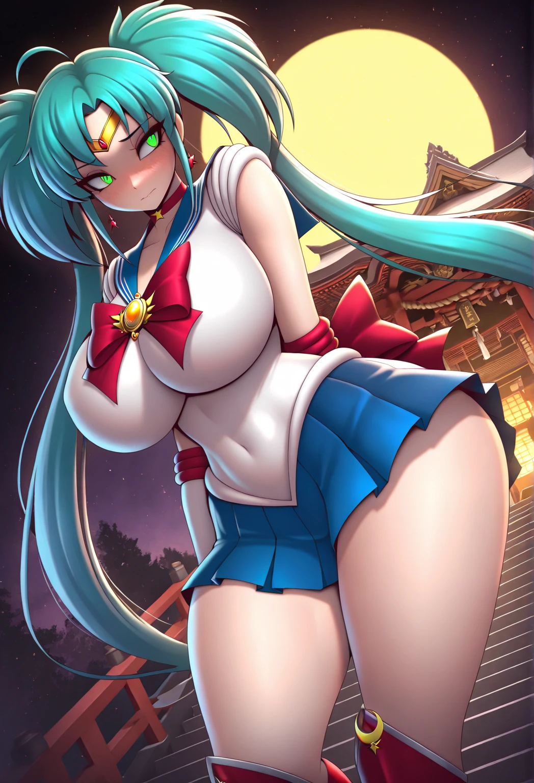 (masterpiece, best quality, ultra detailed, absurdres)1.5, 1girl, (sexy, beautiful woman, perfect face, perfect eyes, perfect female body, huge breasts)1.5, (MichiruKaiou ,(sailor neptune, elbow gloves, neck ribbon, circlet, jewelry), dress, skirt, green ankle boots, <lora:MichiruKaiou:0.8>), (standing, rooftop, Japanese city in background, night sky, moonlit), perfect lighting, smooth, hdr