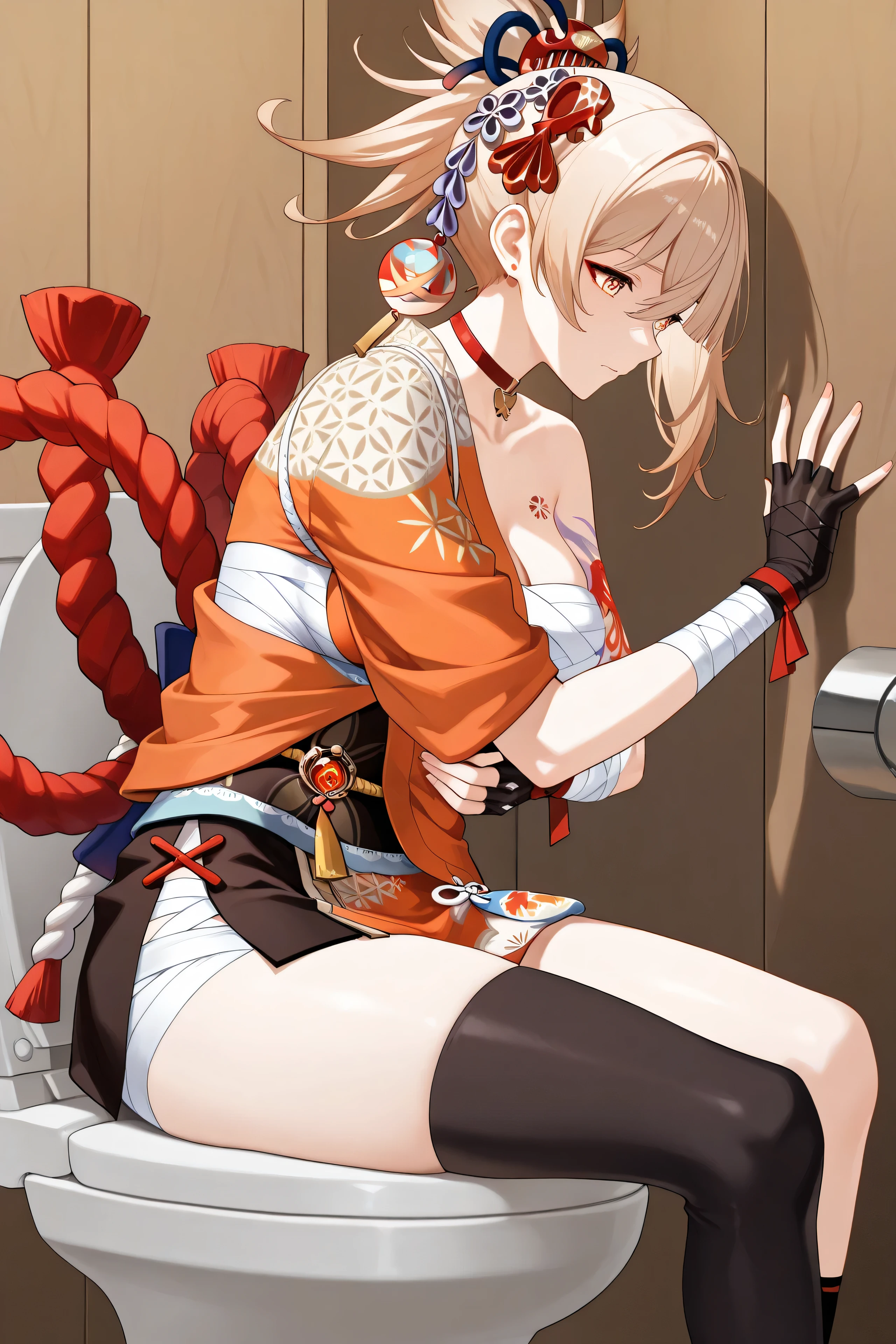 thighhighs, gloves, jewelry, japanese clothes, choker, fingerless gloves, kimono, bracelet, tattoo, bandages, asymmetrical legwear, pouch, sarashi, bandaged arm, red choker, arm tattoo, shimenawa, bandaged leg, chest tattoo, hadanugi dousa, orange kimono, single fingerless glove,,yoimiya, bangs, blonde hair, hair ornament, hair between eyes, ponytail, sidelocks, orange eyes, light brown hair,,general, masterpiece, highres, ultra-detailed, hyper-detailed, best quality, amazing quality, very aesthetic, best hands, best eyes,
adult woman, 1Woman, Sitting on a toilet, hunched over, both hand at stomach, pained face, slightly pale face, abdominal pain from diarrhea, clutching stomach, vibrant
brown wooden cubicle, proportional, large chest, large breast, from side, Seeing the whole lower body, uncensored, pussy, bare leg
Shenhe of Genshin Impact, beautiful adult woman, Silvery White hair, Iridescent eyes, in game costume