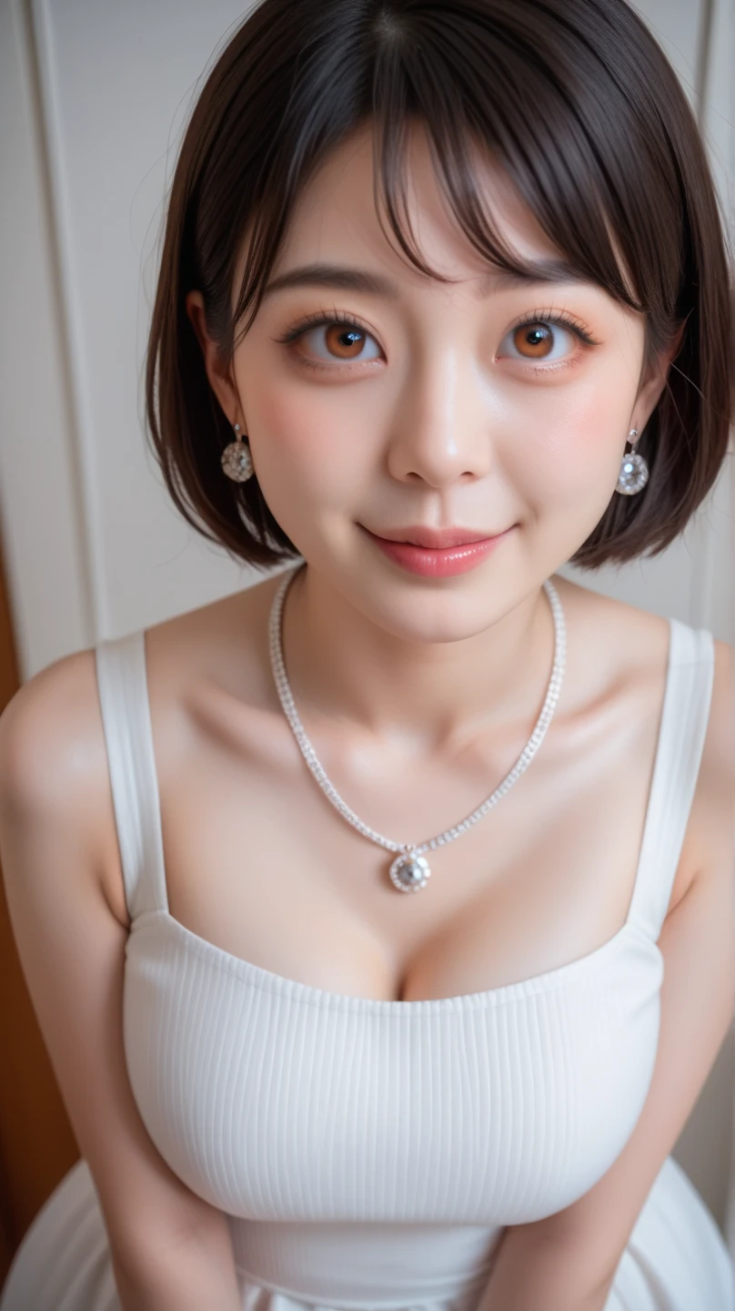 ((top-quality))、(masterpiece:1.4)、Raw photography、8K、((Top image quality))、 ((hight resolution))、Beautiful face in every detail、Realistic human skin、Gentle expression、(One lady:1.3 )、realisitic、Photorealsitic、(extra very short hair:1.4)、(Beautuful Women)、(cute Japanese girls)、(boyish:1.3)、(mannish)、((Pretty Woman))、(Beautiful hair)、((dark brown hair))、(((Red cheeks)))、((Her eyes are big))、20-year-old beauty、(her face is small:1.7)、small head、((long neck))、pale skin、Spot-free skin、With bangs、Everyone longs for、japanese beautiful woman、eight heads high、(a necklace) 、Squatting 、in the bath 、skinny body 、Sweat 、wet、face focus 、look at viewer