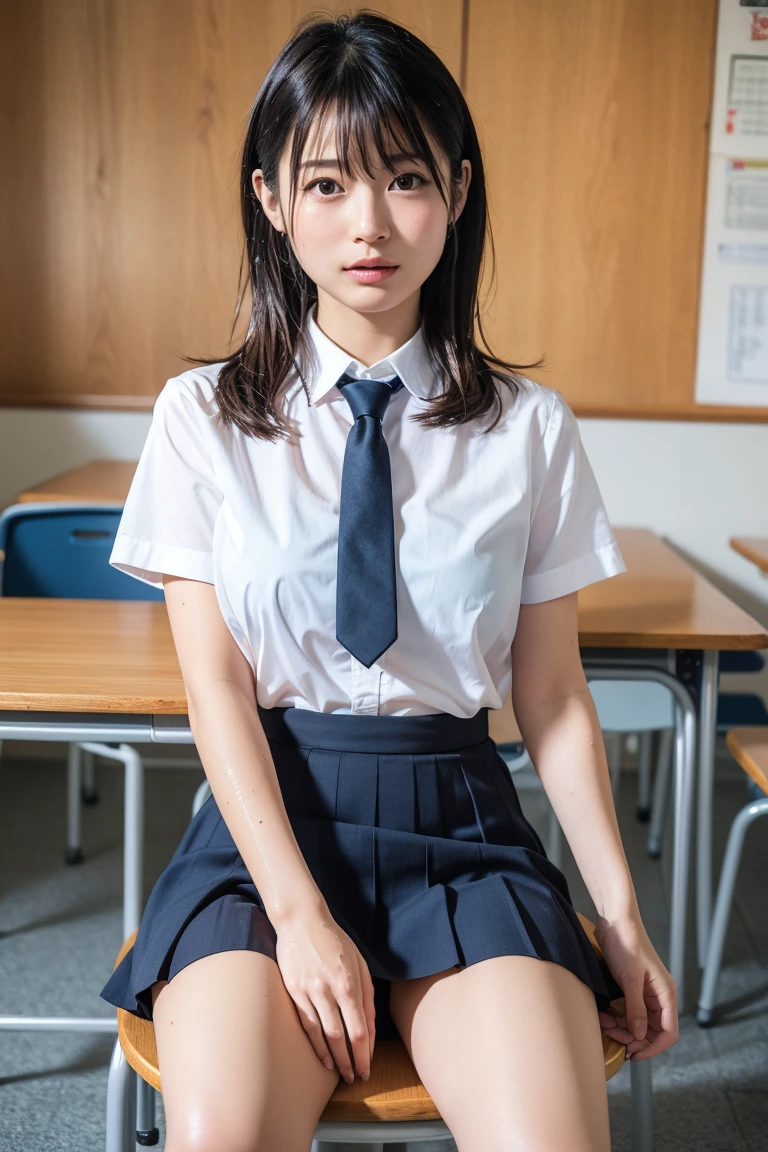 Highest quality,Ultra-high resolution,1 Japanese 1 high school girl,whole body,Black Hair,Small face,Serious expression,Looking into the camera,Beautiful Skin,Small breasts,White blouse,Navy Checkered Mini Skirt,White panties,thigh,barefoot,after school,classroom,Sit at a desk,Spread your legs wide,Spread your legs wide apart