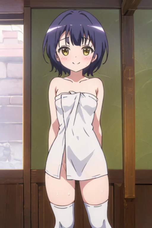 [anime styled],[official art],Tomomi_saikyou,black hair,Short hair,Hair Ribbon,NSFW,1girl in,(Portrait),close up,short torso,Perfect Lighting,nude,topless,(nipples),,anime screen cap,Flat color,cel shading,(smile),blush,(underwear:1.2), (strong light)、((brighten the subject)),oily skin,curby:1.2,((lite white panties)),sexy pose    break background classroom,