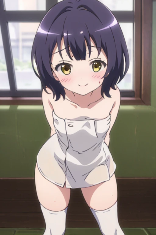 [anime styled],[official art],Tomomi_saikyou,black hair,Short hair,Hair Ribbon,NSFW,1girl in,(Portrait),close up,short torso,Perfect Lighting,nude,topless,(nipples),,anime screen cap,Flat color,cel shading,(seductive smile),blush,(underwear:1.2), (strong light)、((brighten the subject)),oily skin,curby:1.2,((lite white panties)),(open mouth),fun,happy   break background classroom,
